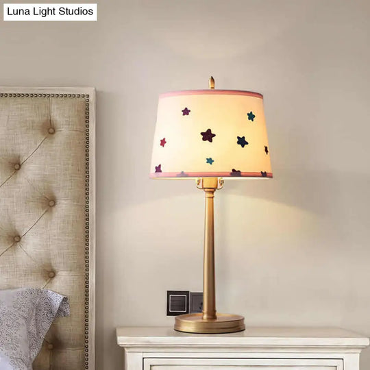 Monica - Modern Drum Fabric Table Lamp 1 Light Nightstand Lighting In Brass With Pentagram Pattern