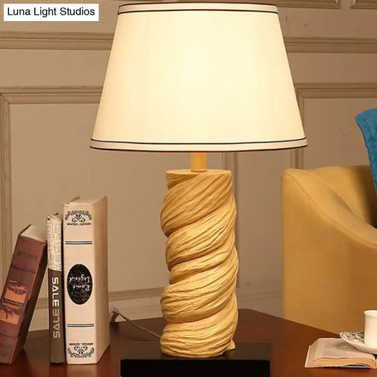 Conic Fabric Night Table Lamp - Traditional 1-Light Bedroom Desk Light In White/Brown With Resin