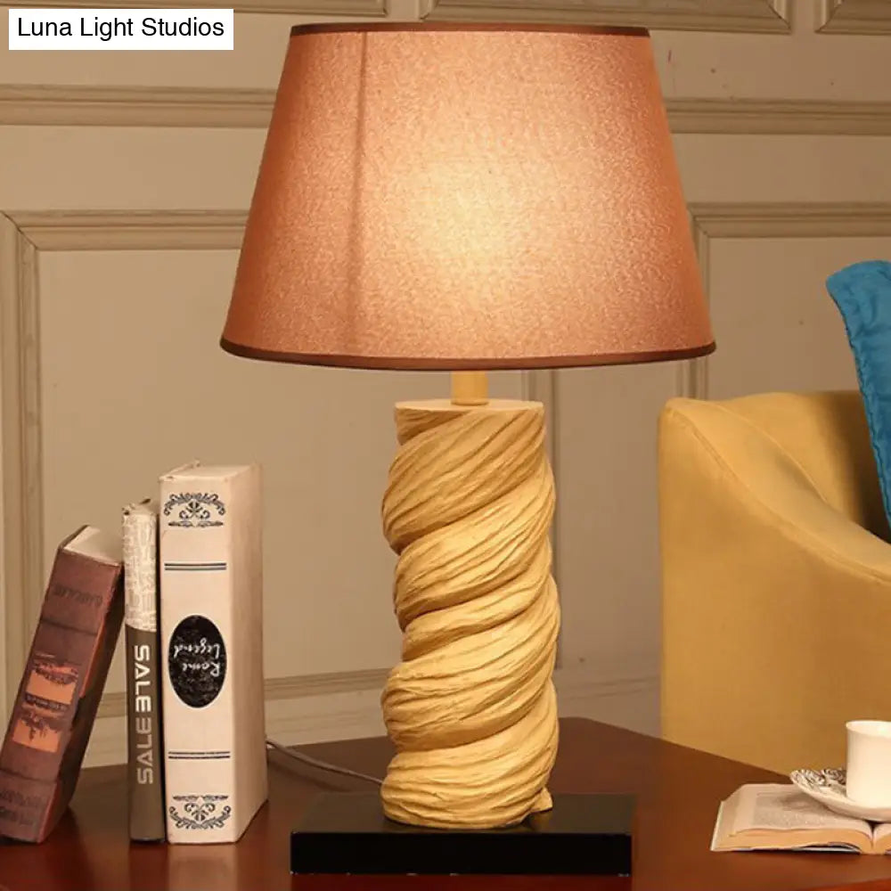 Conic Fabric Night Table Lamp - Traditional 1-Light Bedroom Desk Light In White/Brown With Resin