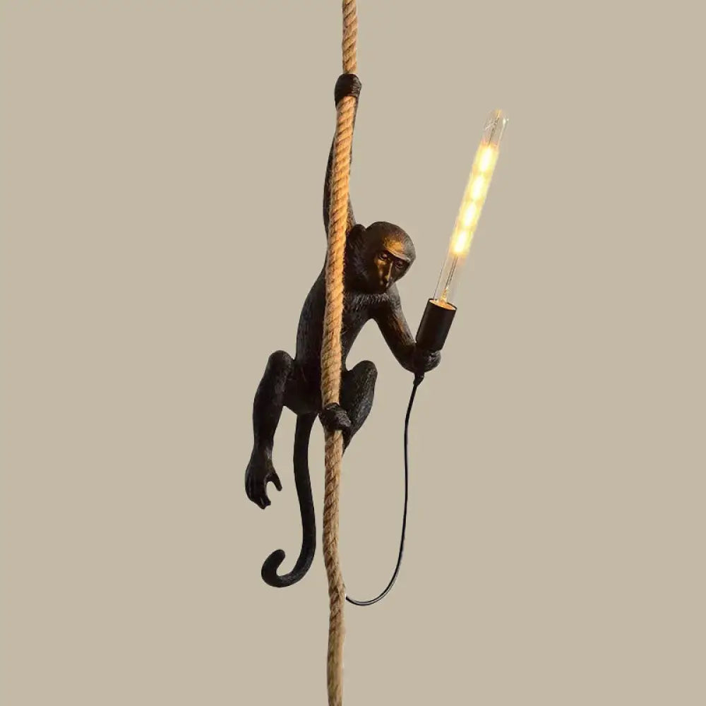 Monkey Ceiling Light: Modern Resin Pendant With Hemp Rope - Perfect For Restaurants Black