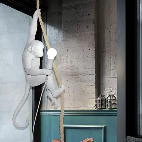 Monkey Ceiling Light: Modern Resin Pendant With Hemp Rope - Perfect For Restaurants White