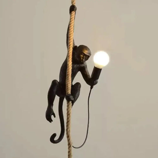 Monkey Resin Pendant Lamp With Hanging Rope - Artistic Ceiling Light Sculpture 1 Bulb Black