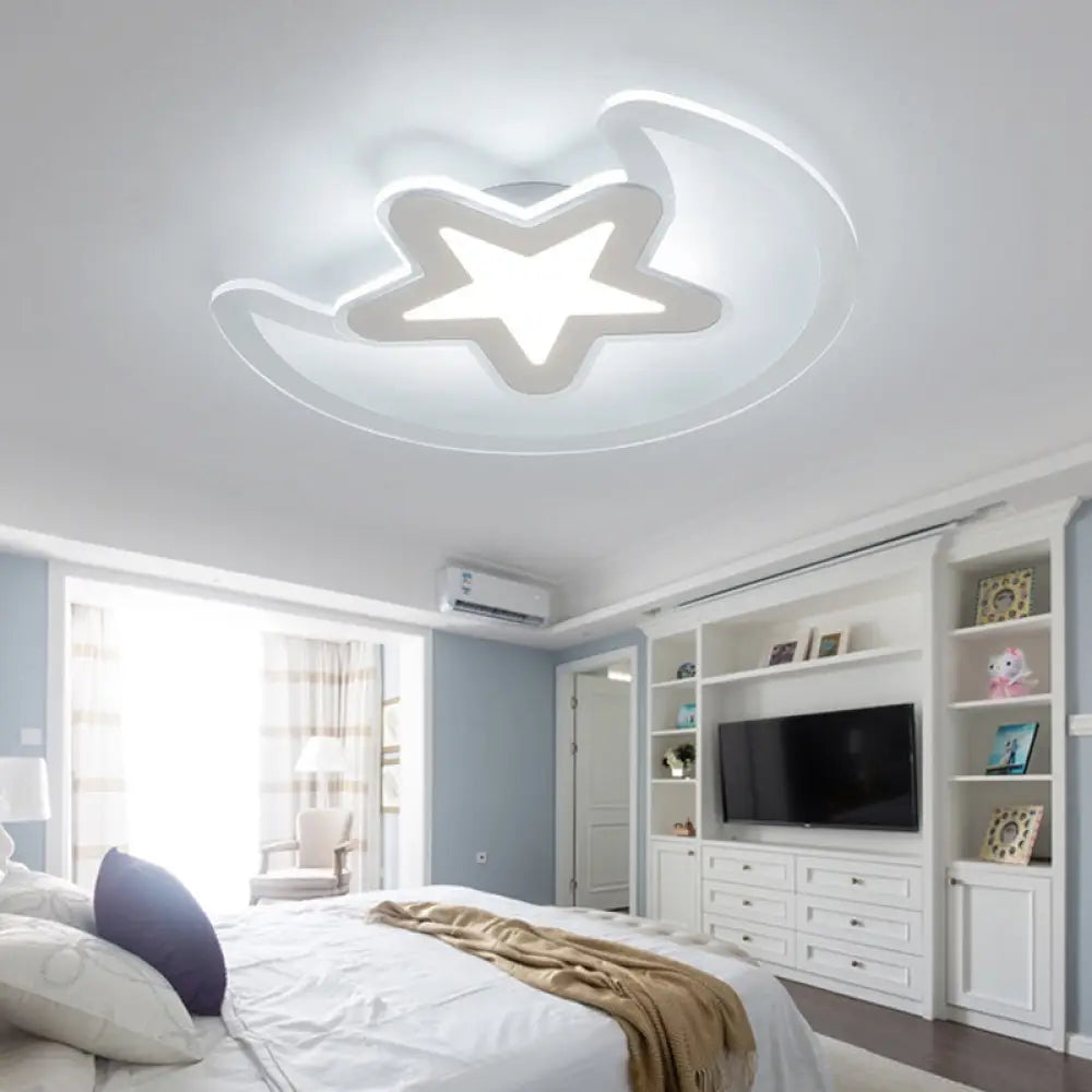 Moon And Star Led Ceiling Light With Modern White Finish - Perfect For Kid’s Bedroom / 17’