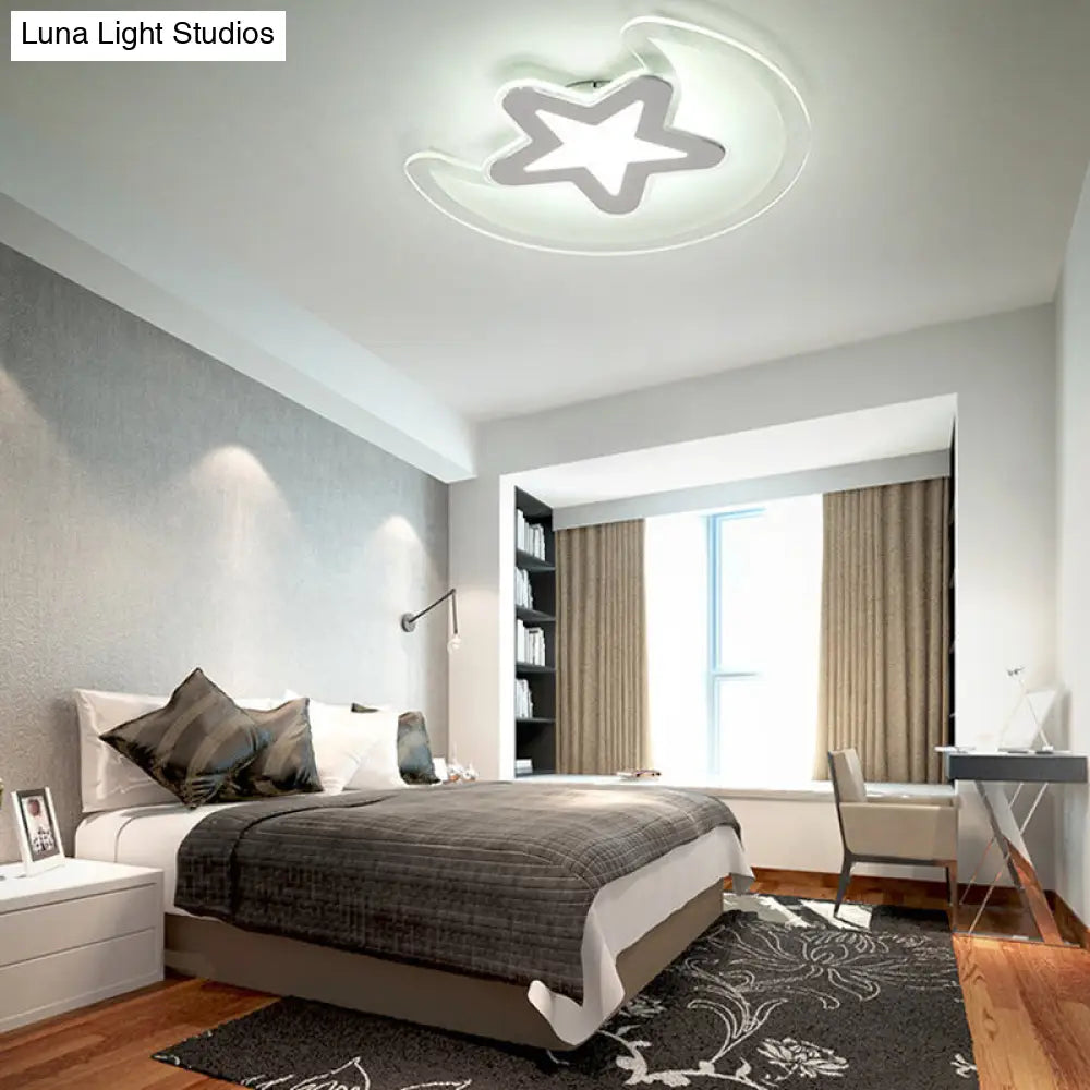 Moon And Star Led Ceiling Light With Modern White Finish - Perfect For Kids Bedroom / 20.5