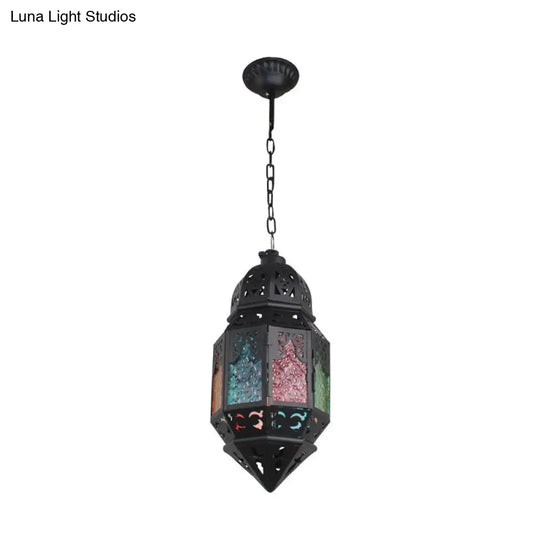 Moroccan Censer Stained Glass Ceiling Lantern - Down Lighting Pendant 1-Light Black