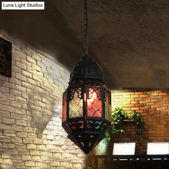 Moroccan Censer Stained Glass Ceiling Lantern - Down Lighting Pendant 1-Light Black