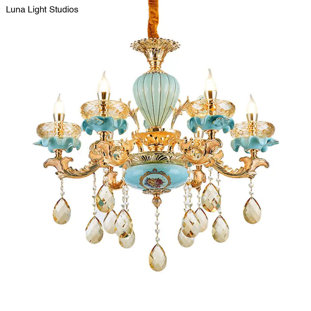 Moroccan Gold-Blue Ceramic Hanging Chandelier With Crystal Drops - 3/6 Bulb Candelabrum