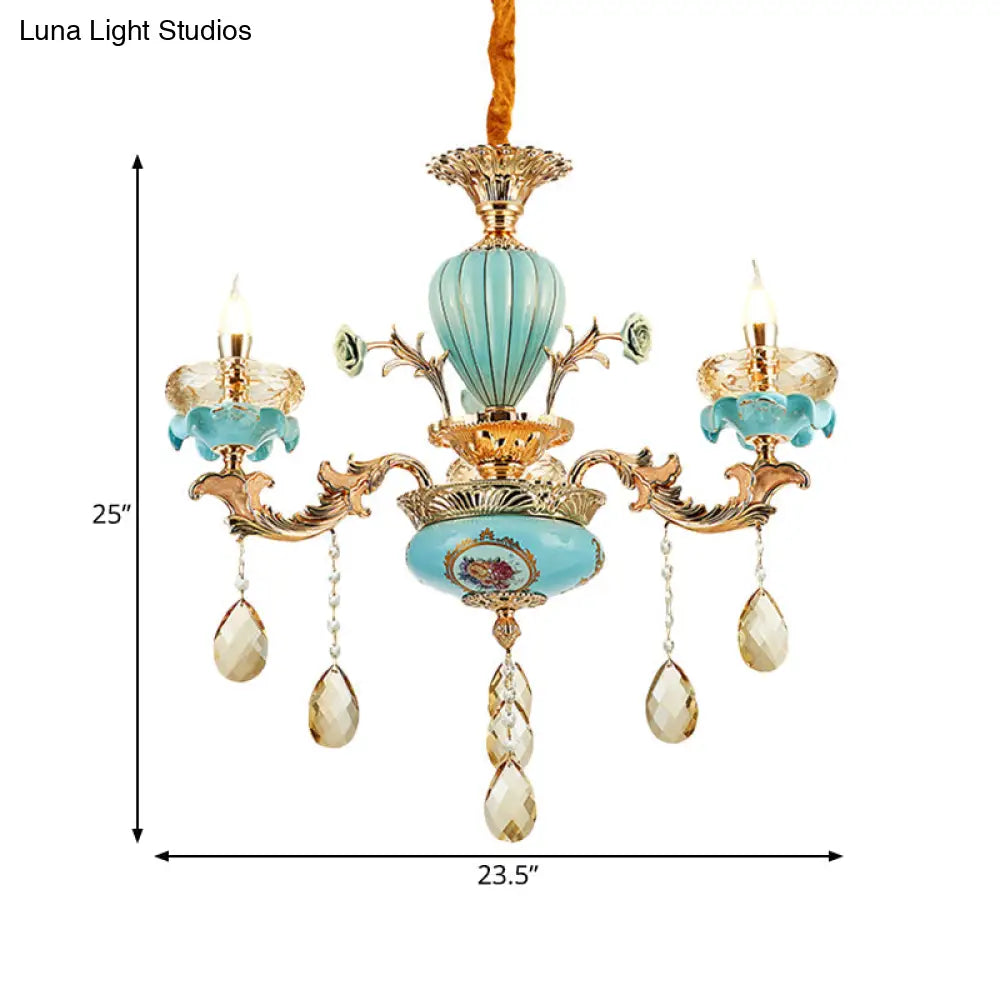 Moroccan Gold-Blue Ceramic Hanging Chandelier With K9 Crystal Drop - 3/6 Bulb Candelabrum Lamp