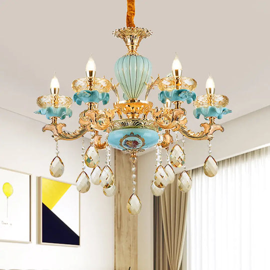 Moroccan Gold-Blue Ceramic Hanging Chandelier With K9 Crystal Drop - 3/6 Bulb Candelabrum Lamp 6 /