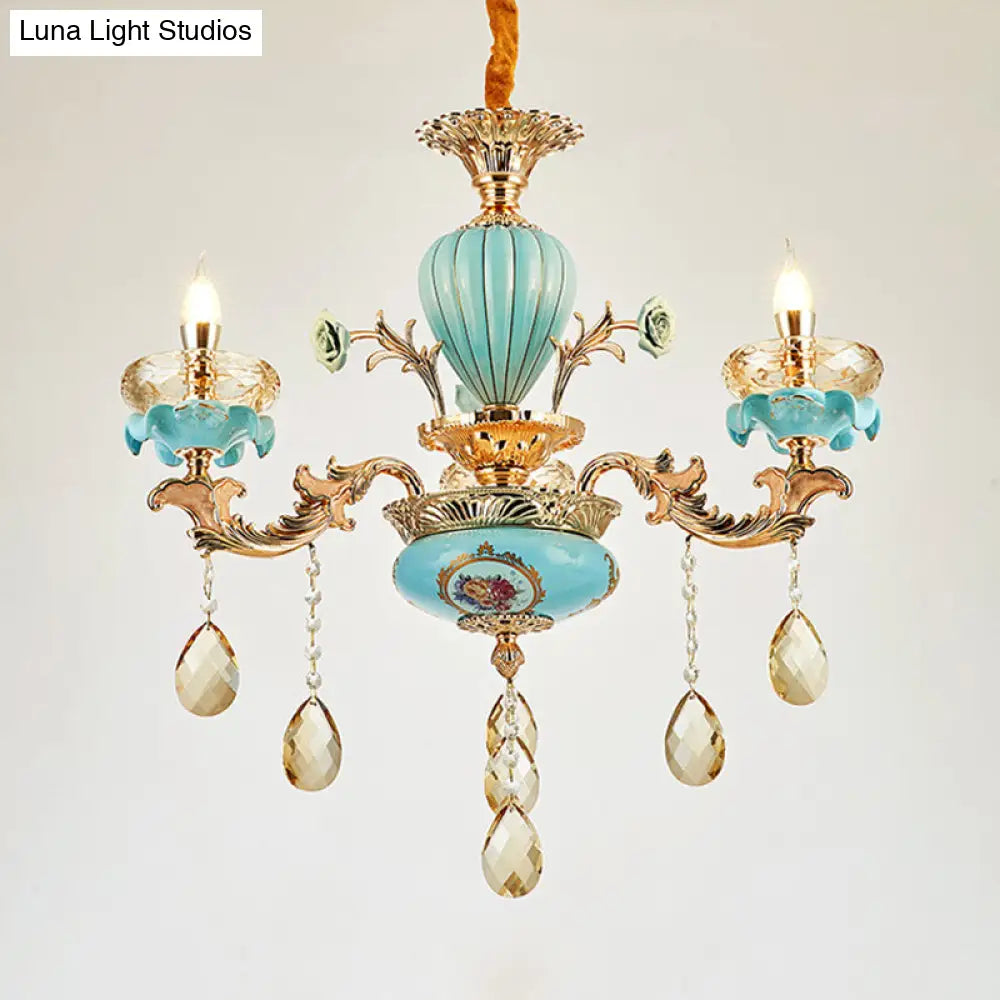 Moroccan Gold-Blue Ceramic Hanging Chandelier With Crystal Drops - 3/6 Bulb Candelabrum