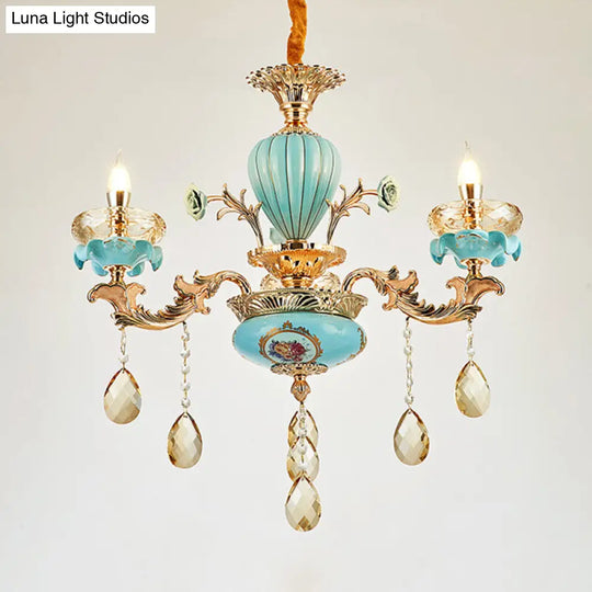 Moroccan Gold-Blue Ceramic Hanging Chandelier With Crystal Drops - 3/6 Bulb Candelabrum