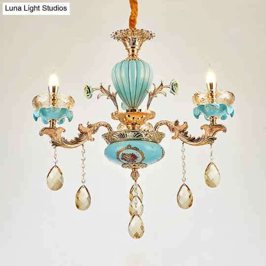 Moroccan Gold-Blue Ceramic Hanging Chandelier With K9 Crystal Drop - 3/6 Bulb Candelabrum Lamp