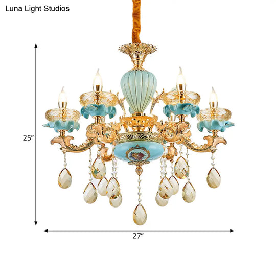 Moroccan Gold-Blue Ceramic Hanging Chandelier With K9 Crystal Drop - 3/6 Bulb Candelabrum Lamp