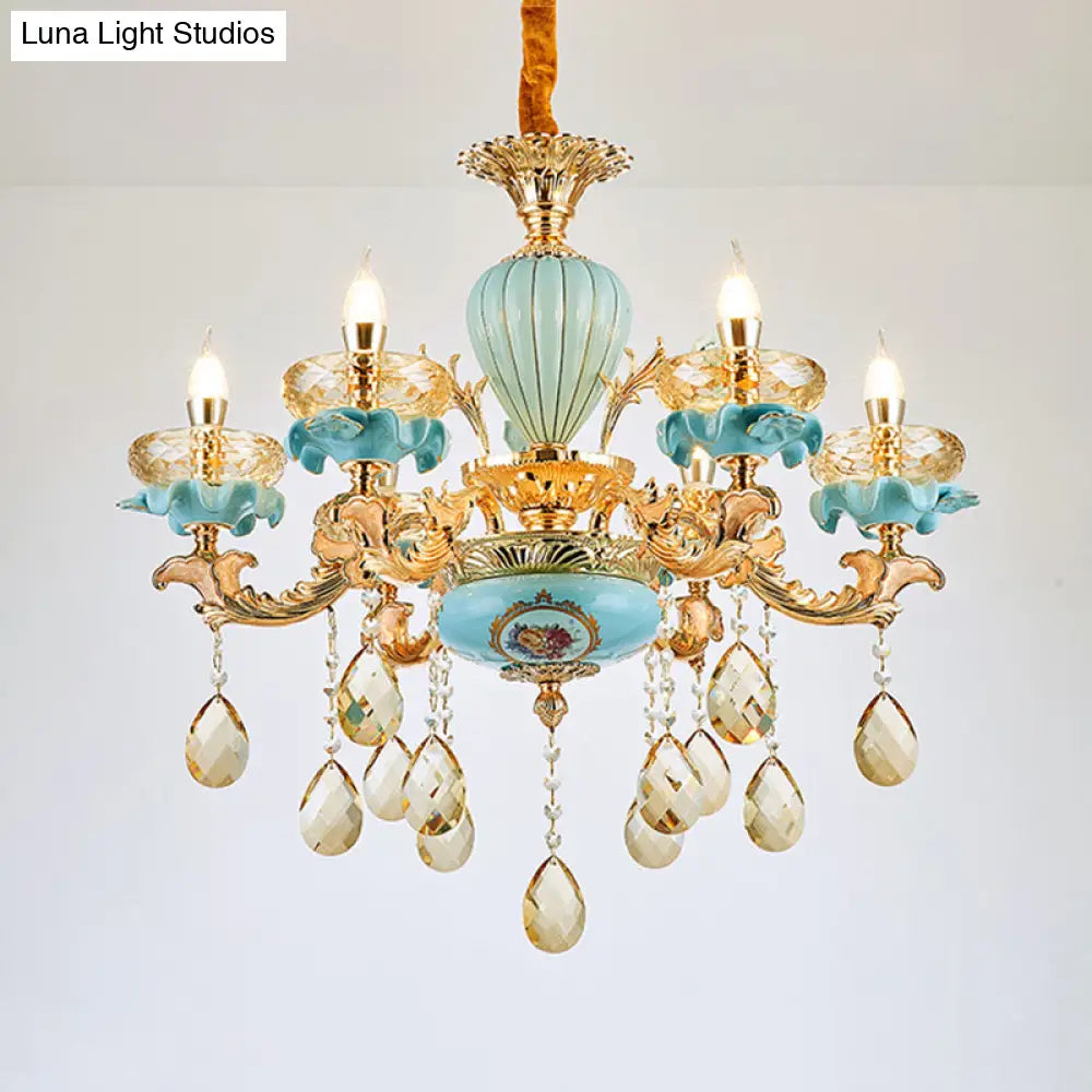 Moroccan Gold-Blue Ceramic Hanging Chandelier With K9 Crystal Drop - 3/6 Bulb Candelabrum Lamp