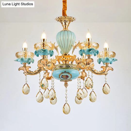 Moroccan Gold-Blue Ceramic Hanging Chandelier With K9 Crystal Drop - 3/6 Bulb Candelabrum Lamp