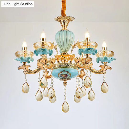 Moroccan Gold-Blue Ceramic Hanging Chandelier With Crystal Drops - 3/6 Bulb Candelabrum