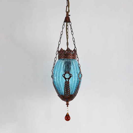 Moroccan Oval Pendant Light: Red/Yellow/Blue Textured Glass Suspension Lamp For Dining Room Blue