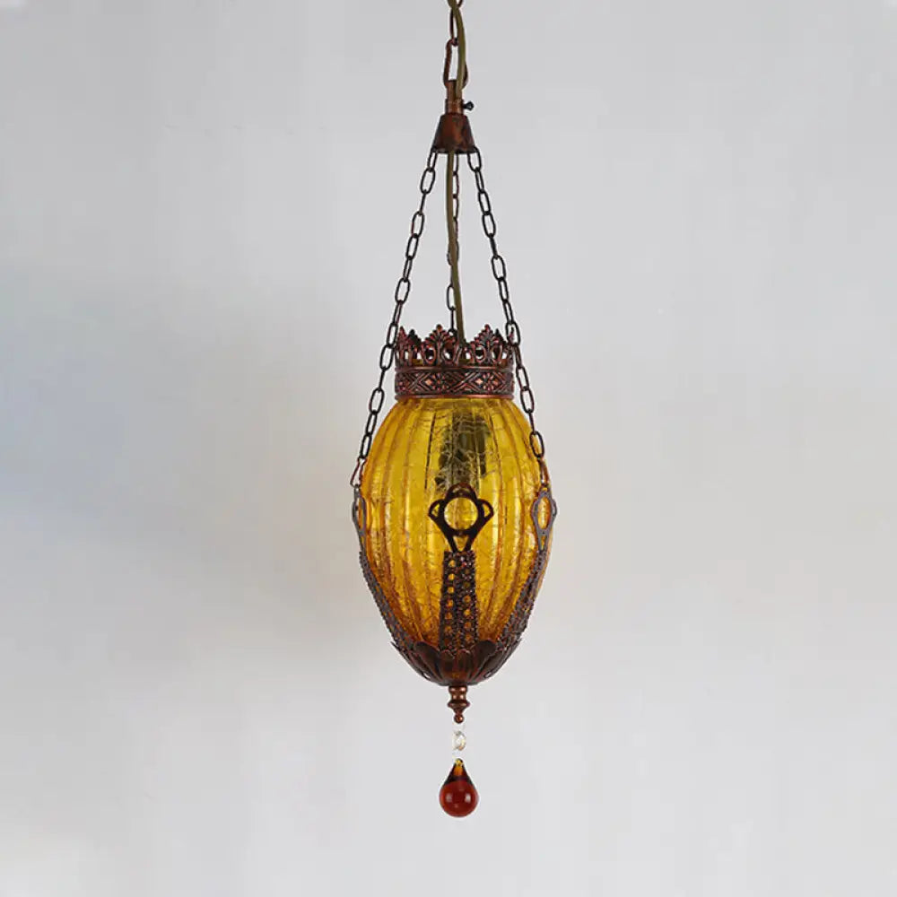 Moroccan Oval Pendant Light: Red/Yellow/Blue Textured Glass Suspension Lamp For Dining Room Yellow