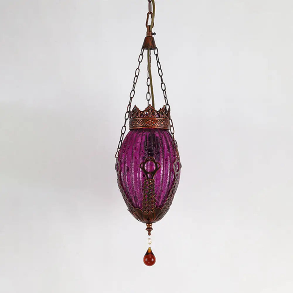 Moroccan Oval Pendant Light: Red/Yellow/Blue Textured Glass Suspension Lamp For Dining Room Purple