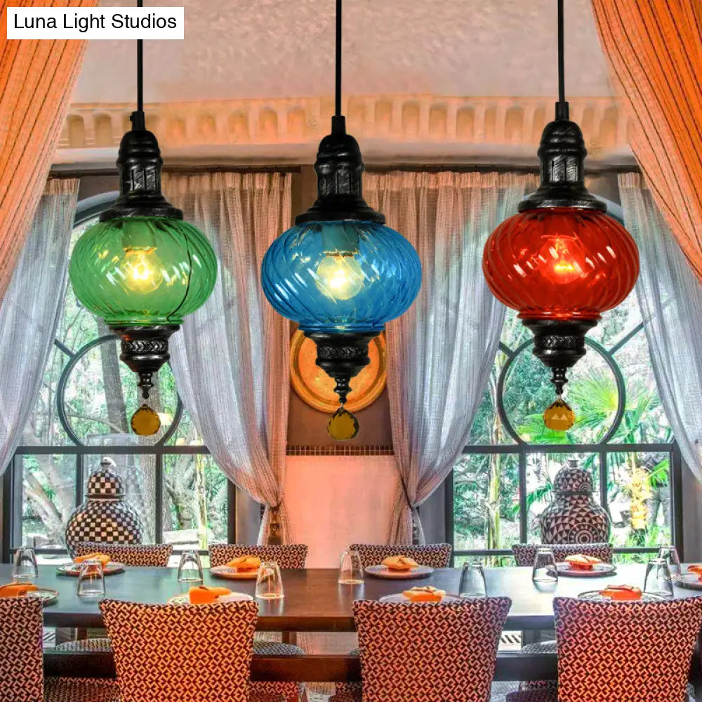 Moroccan Oval Textured Glass Pendant Light - Vibrant Red/Blue/Green Ideal For Restaurants