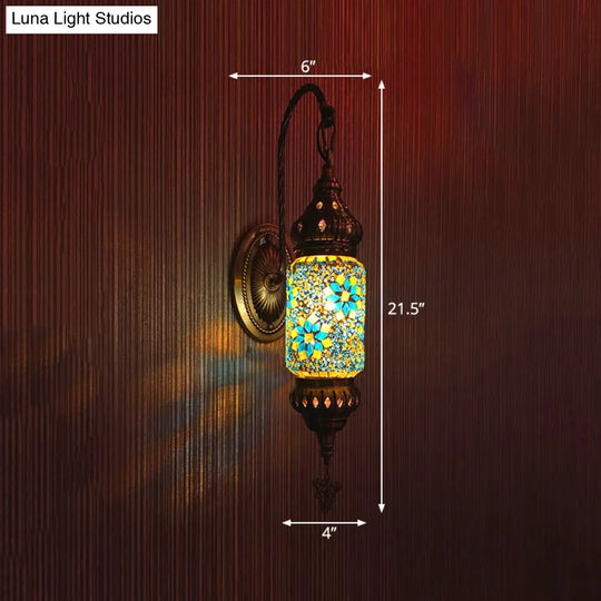 Moroccan Stained Glass Cylinder Sconce Light - Purple/Gold/Rose Red