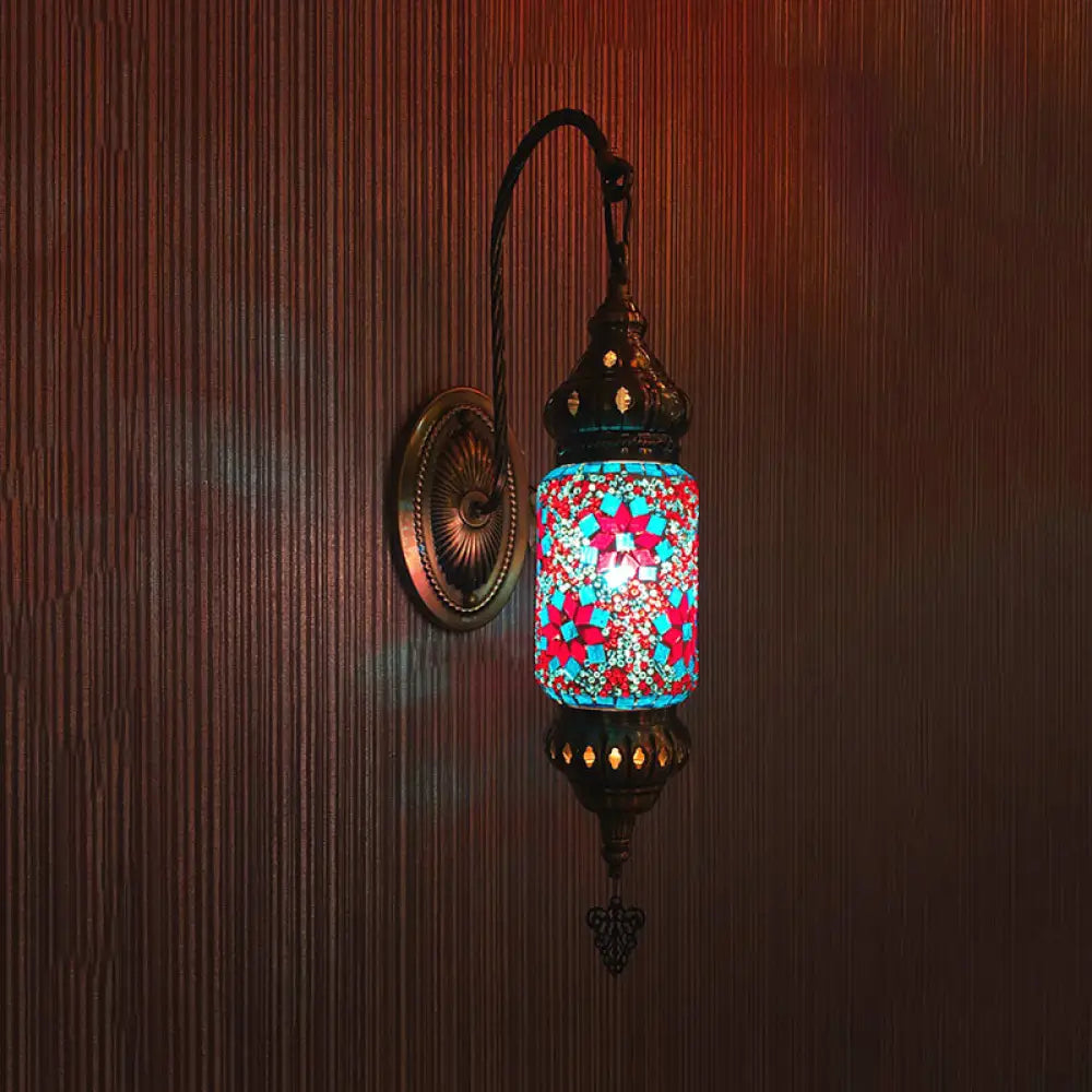 Moroccan Stained Glass Cylinder Sconce Light - Purple/Gold/Rose Red Rose