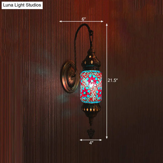 Moroccan Stained Glass Cylinder Sconce Light - Purple/Gold/Rose Red