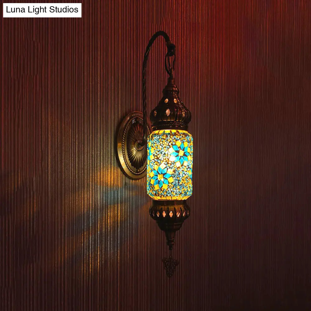 Moroccan Stained Glass Cylinder Sconce Light - Purple/Gold/Rose Red