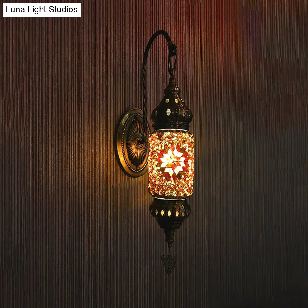 Moroccan Stained Glass Cylinder Sconce Light - Purple/Gold/Rose Red