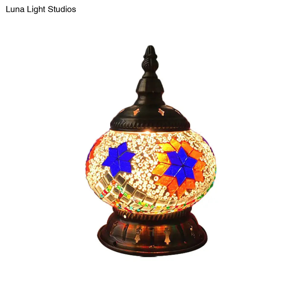 Moroccan Stained Glass Pumpkin Night Lamp - Elegant Bedroom Table Lighting In Blue/Orange/White