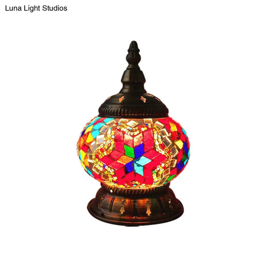 Moroccan Stained Glass Pumpkin Night Lamp - Elegant Bedroom Table Lighting In Blue/Orange/White