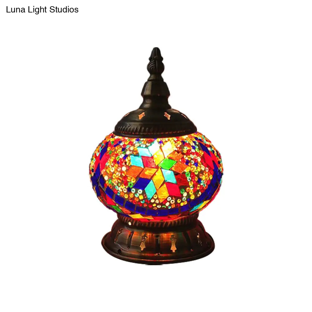 Moroccan Stained Glass Pumpkin Night Lamp - Elegant Bedroom Table Lighting In Blue/Orange/White