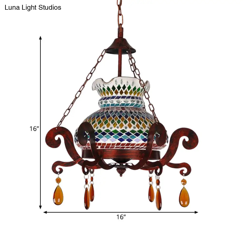 Moroccan Style Weathered Copper Pendant Vase: Stained Glass Hanging Light Kit