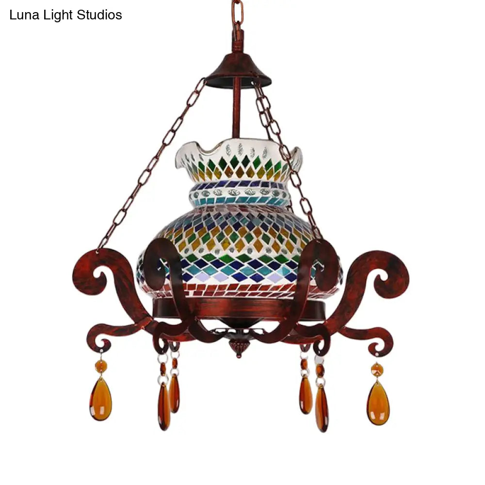 Moroccan Style Weathered Copper Pendant Vase: Stained Glass Hanging Light Kit