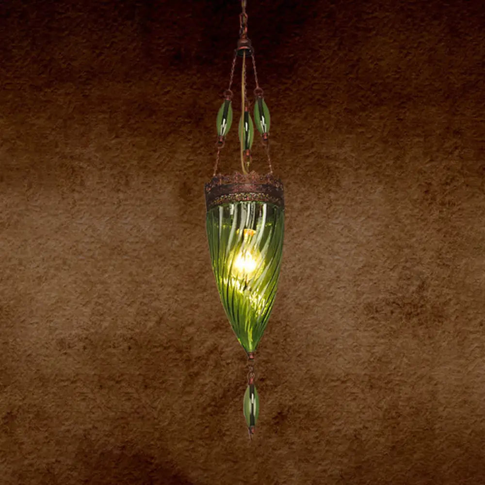 Moroccan Textured Glass Cone Hanging Ceiling Light - Red/Blue/Green 1 Down Lighting Green