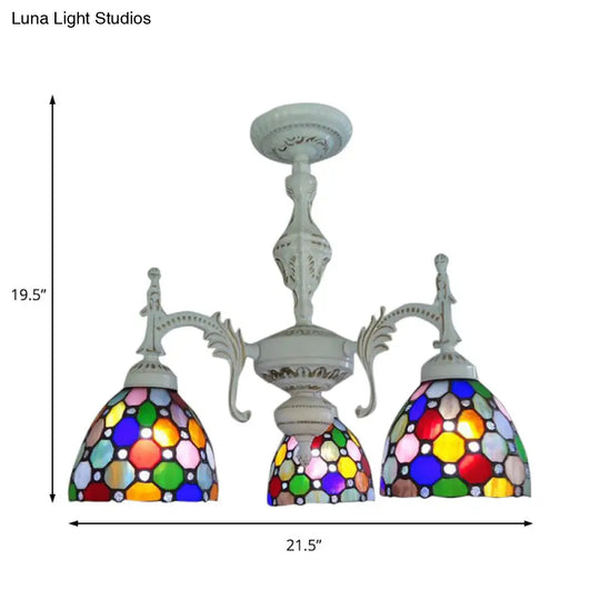 Moroccan Tiffany Dome Chandelier - 3-Light Stained Glass Hanging Light For Restaurants