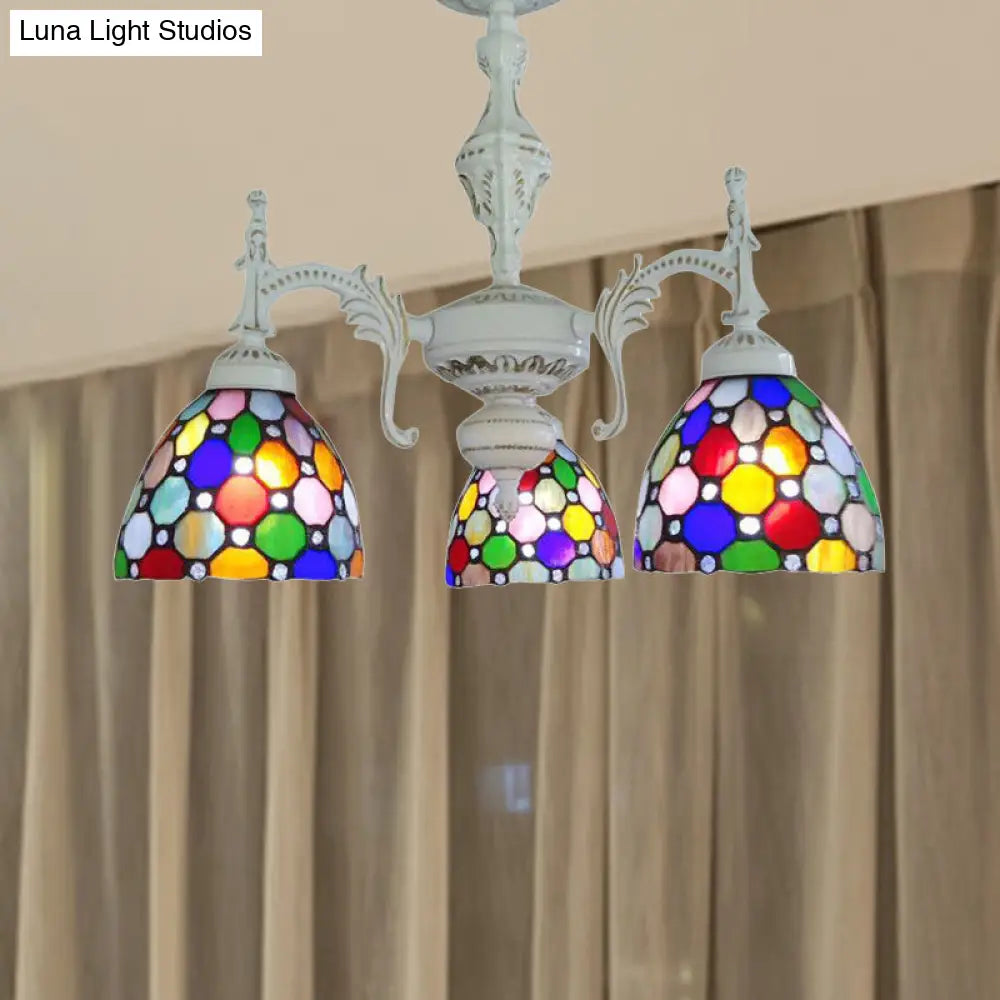 Moroccan Tiffany Dome Chandelier - 3-Light Stained Glass Hanging Light For Restaurants White