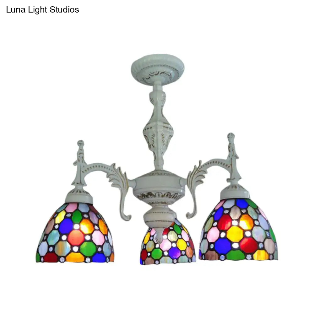 Moroccan Tiffany Dome Chandelier - 3-Light Stained Glass Hanging Light For Restaurants