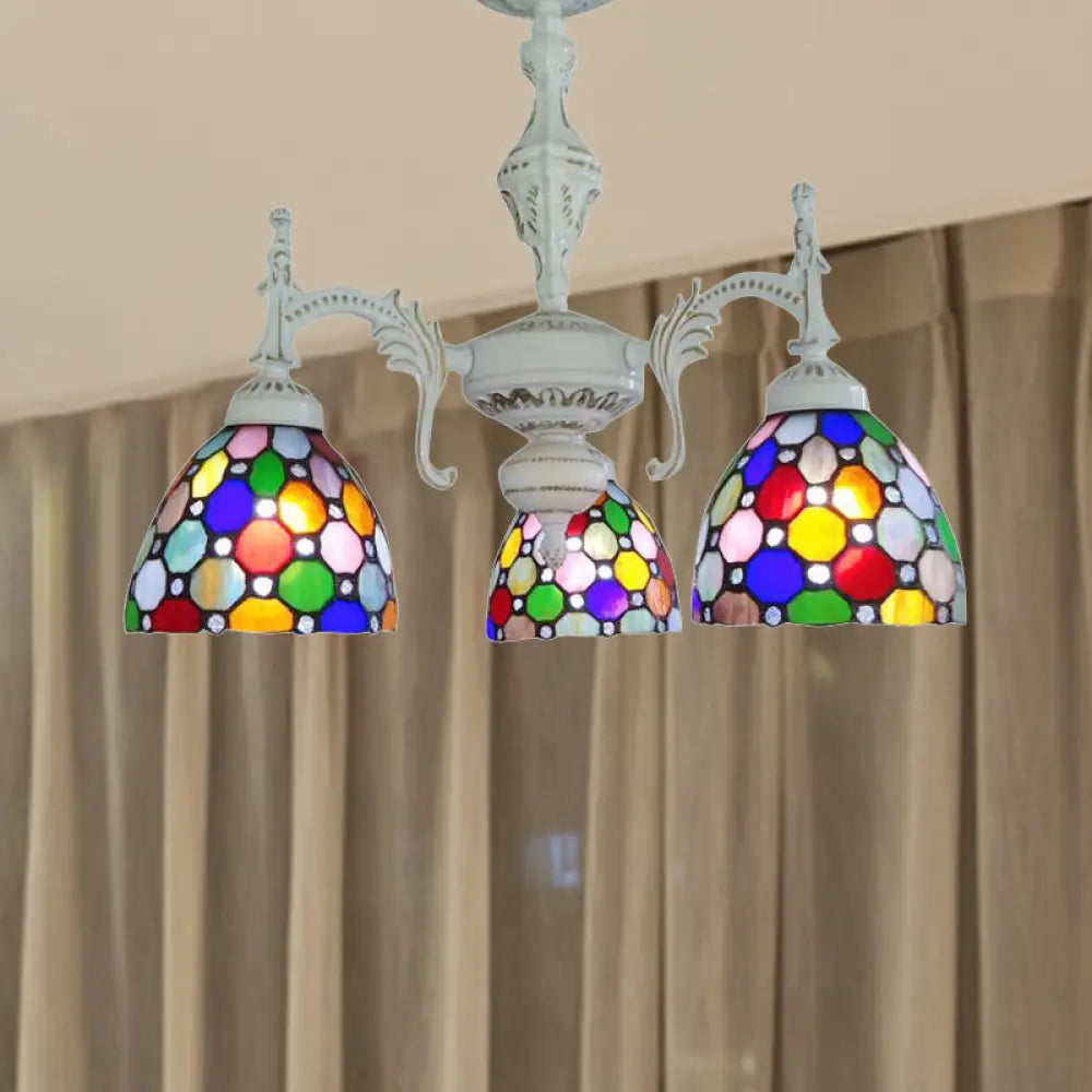 Moroccan Tiffany Dome Chandelier - 3 - Light Stained Glass Hanging Light For Restaurants White