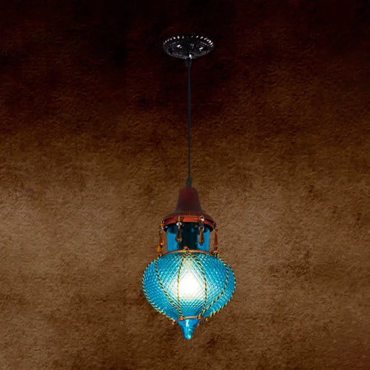 Moroccan Urn Shaped Glass Pendant Lamp - Vibrant Red/Yellow/Blue Ideal For Coffee Shop Blue