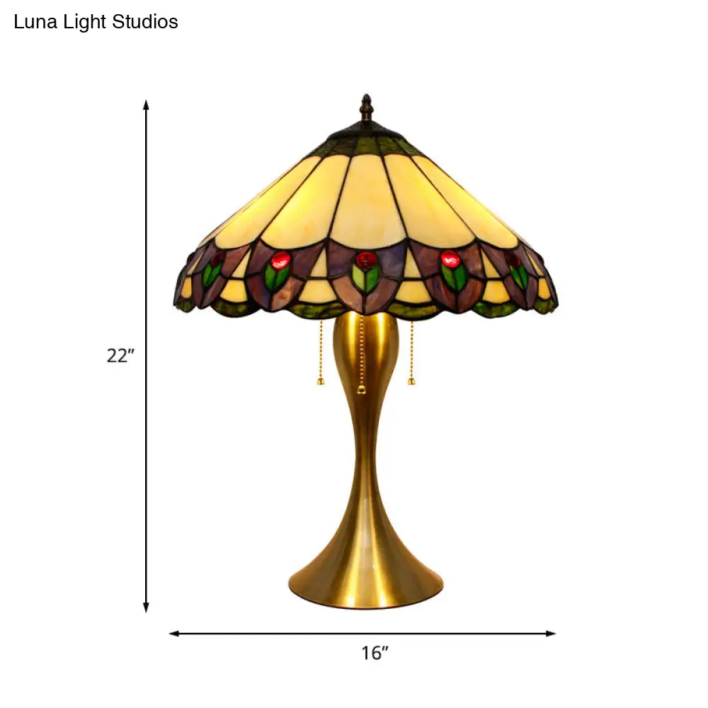 Mothallah - Gold Conic Nightstand Light 3-Head Stained Glass Tiffany Peacock Tail Patterned Table