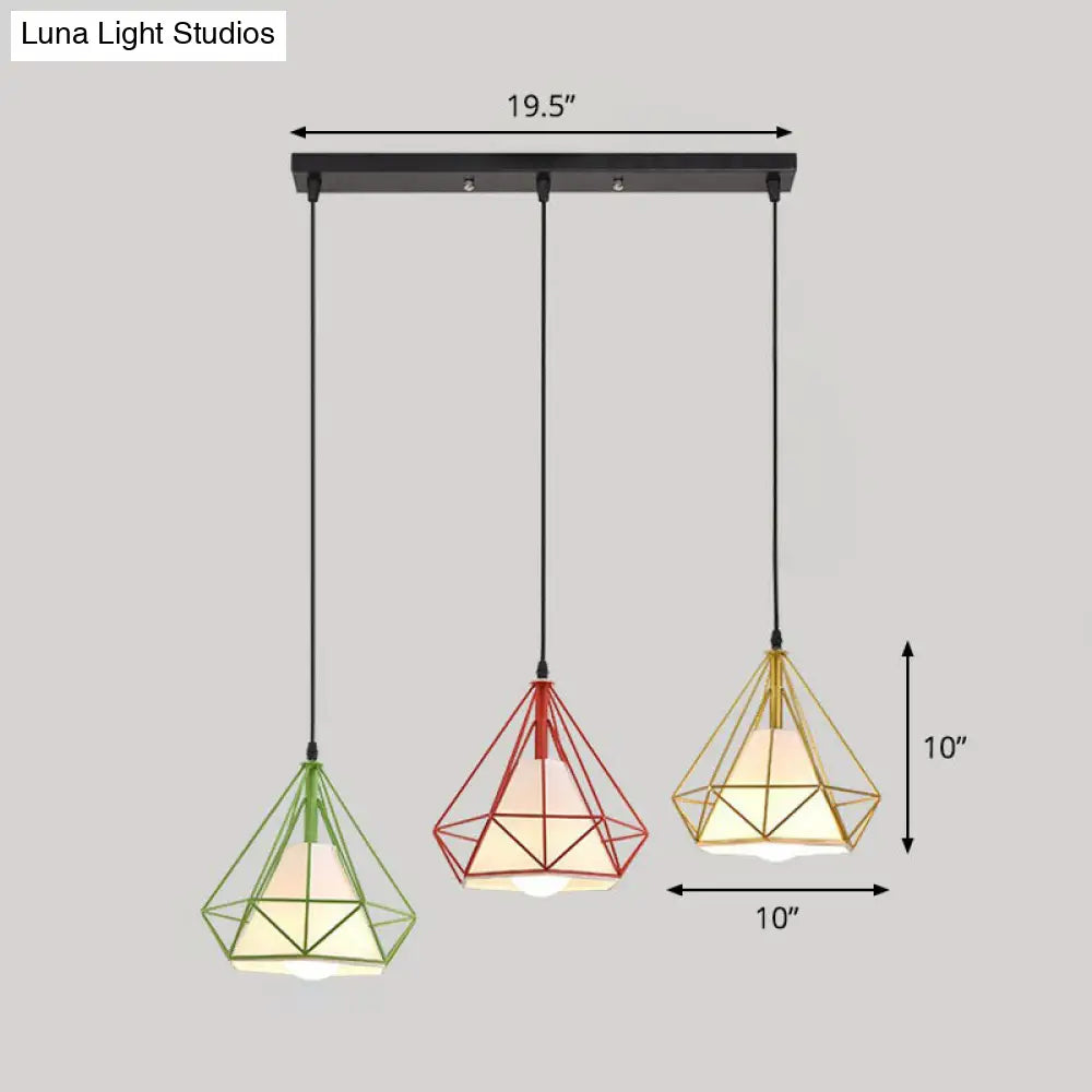 Simplicity Diamond Frame Iron Ceiling Light With 3 Multi Bulbs For Restaurant Red / Linear
