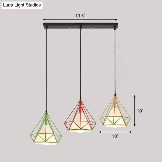 Simplicity Diamond Frame Iron Ceiling Light With 3 Multi Bulbs For Restaurant Red / Linear