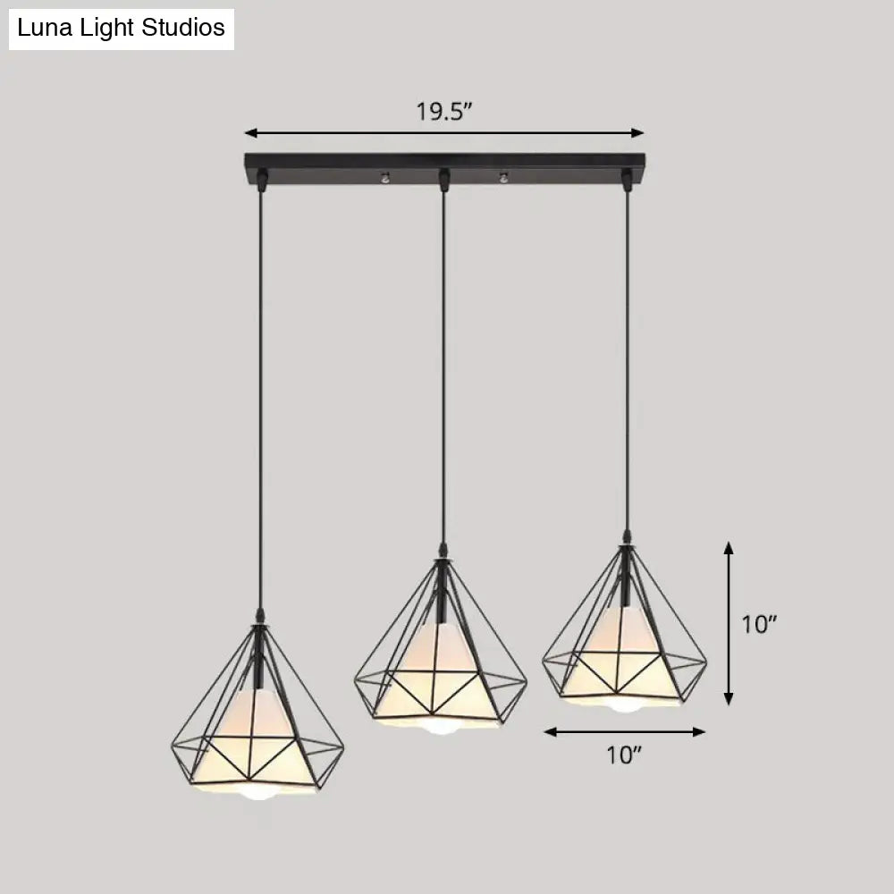 Simplicity Diamond Frame Iron Ceiling Light With 3 Multi Bulbs For Restaurant Black / Linear