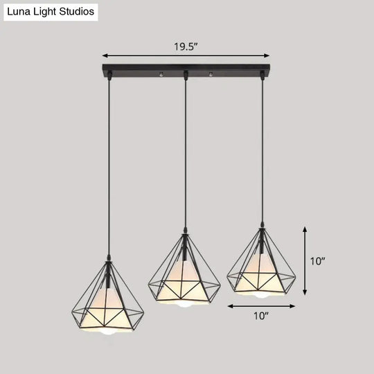 Simplicity Diamond Frame Iron Ceiling Light With 3 Multi Bulbs For Restaurant Black / Linear