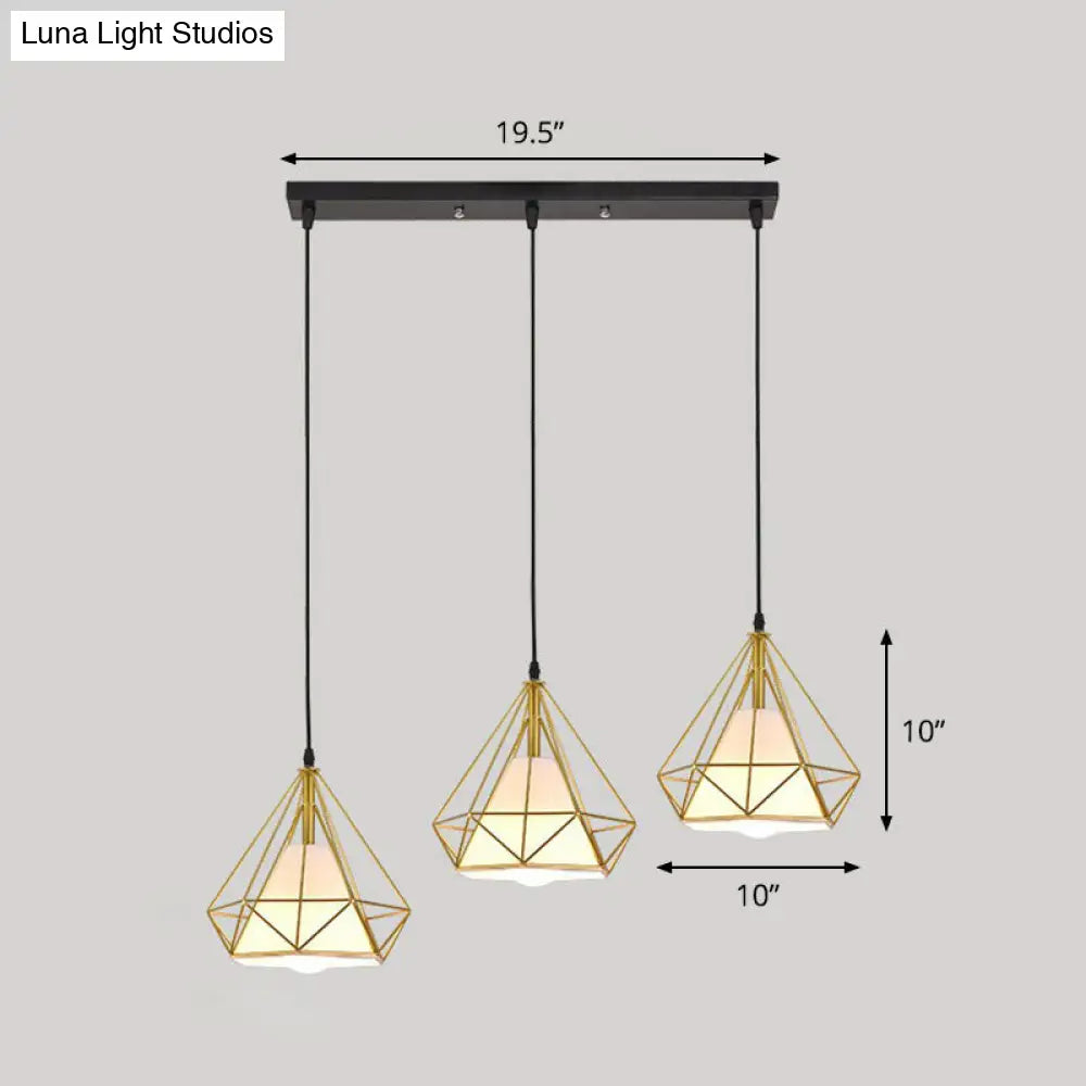 Simplicity Diamond Frame Iron Ceiling Light With 3 Multi Bulbs For Restaurant Gold / Linear