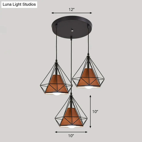 Simplicity Diamond Frame Iron Ceiling Light With 3 Multi Bulbs For Restaurant Coffee / Round