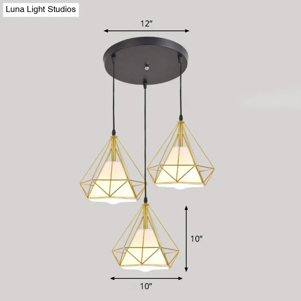 Simplicity Diamond Frame Iron Ceiling Light With 3 Multi Bulbs For Restaurant Gold / Round