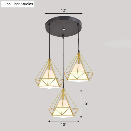 Simplicity Diamond Frame Iron Ceiling Light With 3 Multi Bulbs For Restaurant Gold / Round