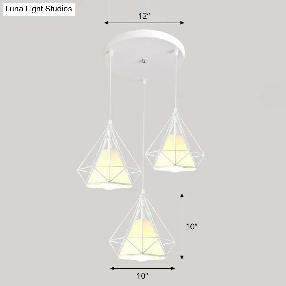 Simplicity Diamond Frame Iron Ceiling Light With 3 Multi Bulbs For Restaurant White / Round